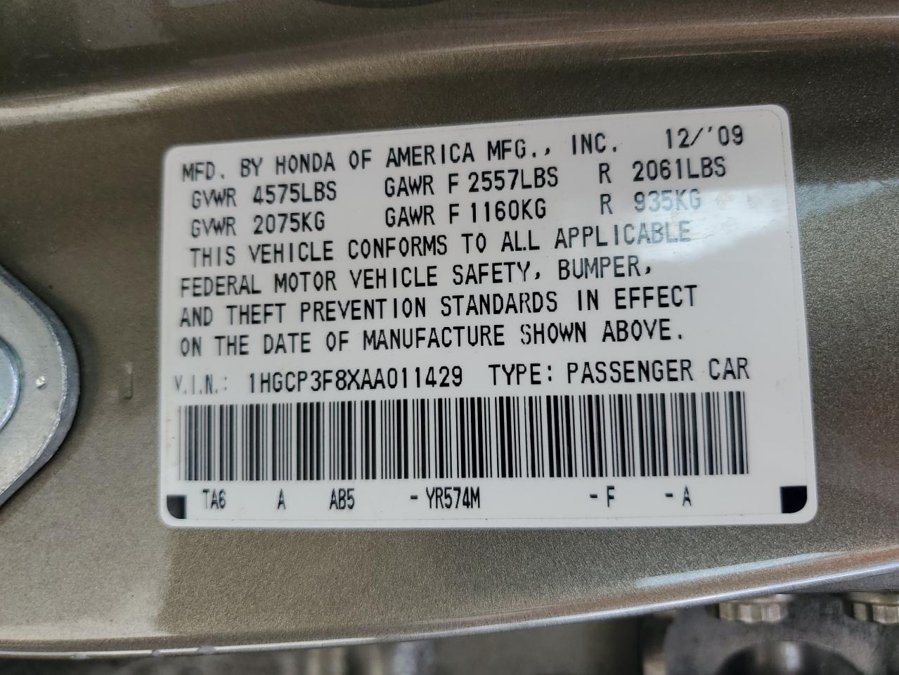 1HGCP3F8XAA011429 2010 Honda Accord Exl