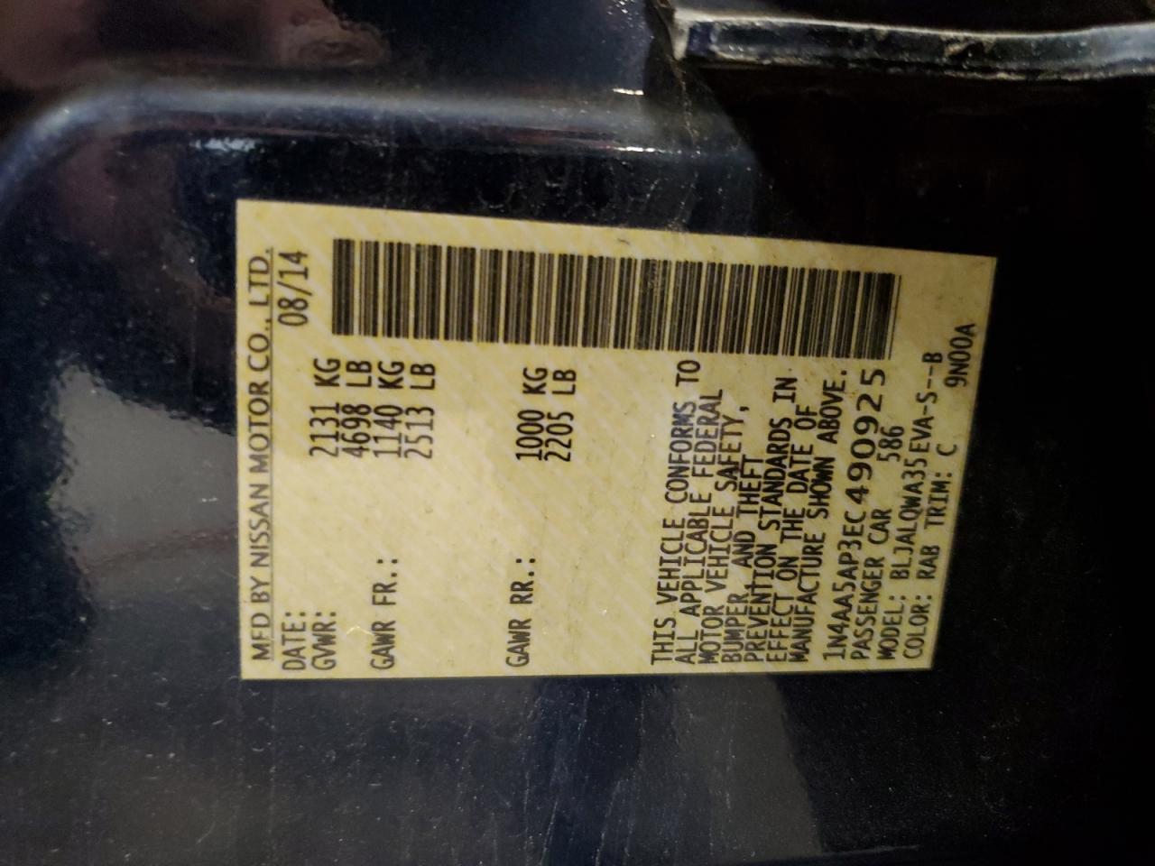 1N4AA5AP3EC490925 2014 Nissan Maxima S