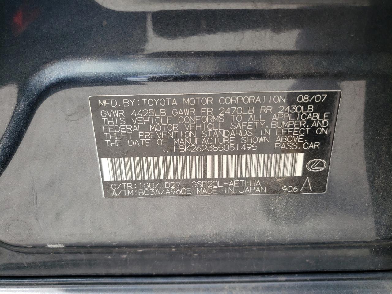 JTHBK262385051495 2008 Lexus Is 250