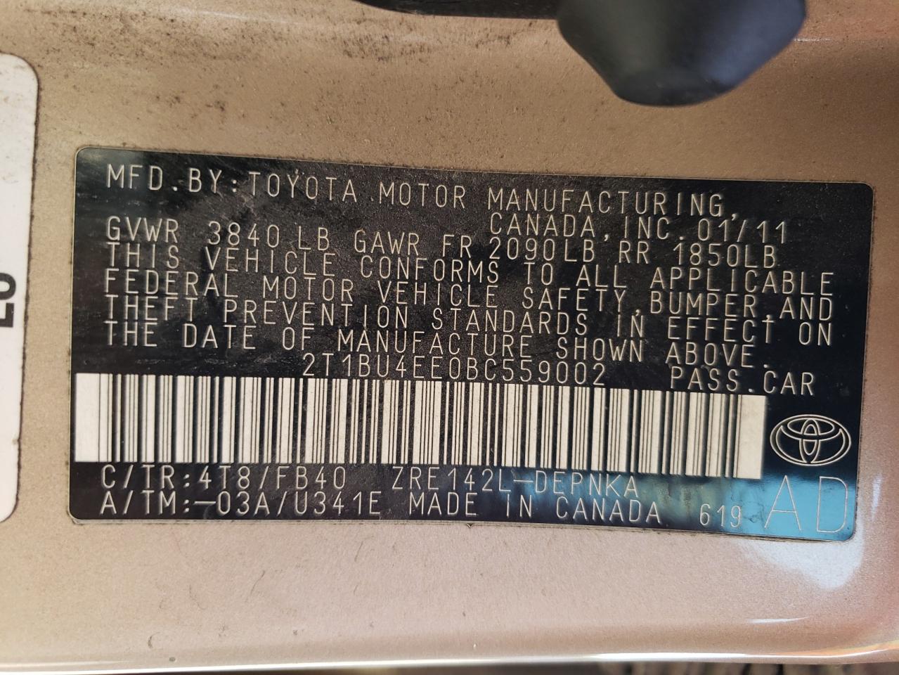 2T1BU4EE0BC559002 2011 Toyota Corolla Base