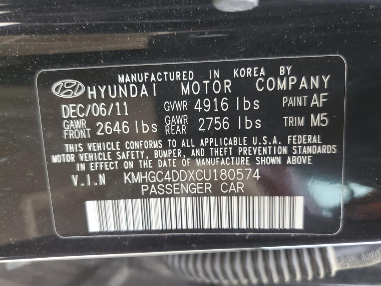 KMHGC4DDXCU180574 2012 Hyundai Genesis 3.8L