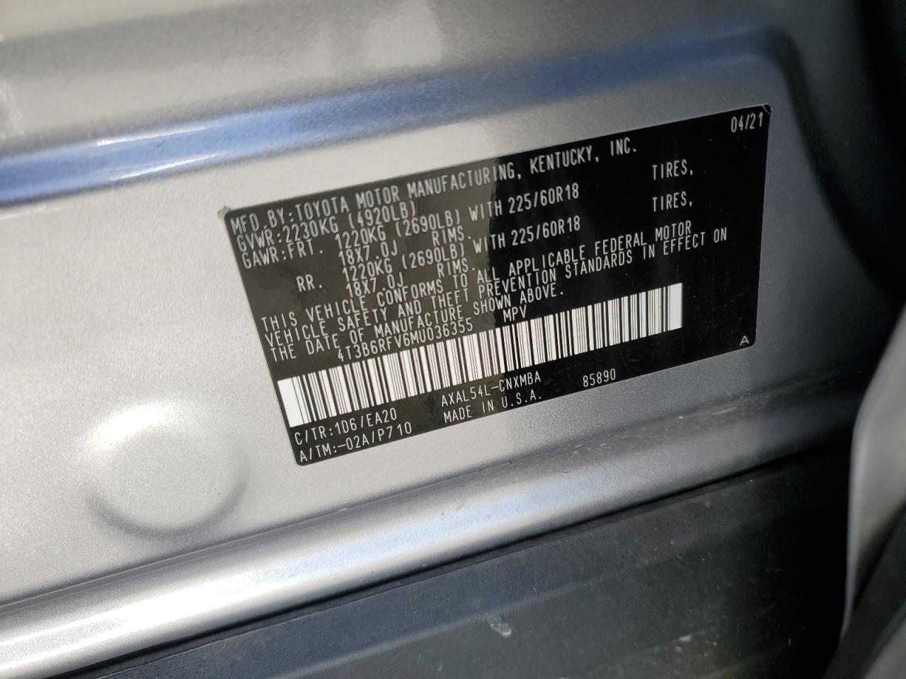 4T3B6RFV6MU036355 2021 Toyota Rav4 Xle Premium