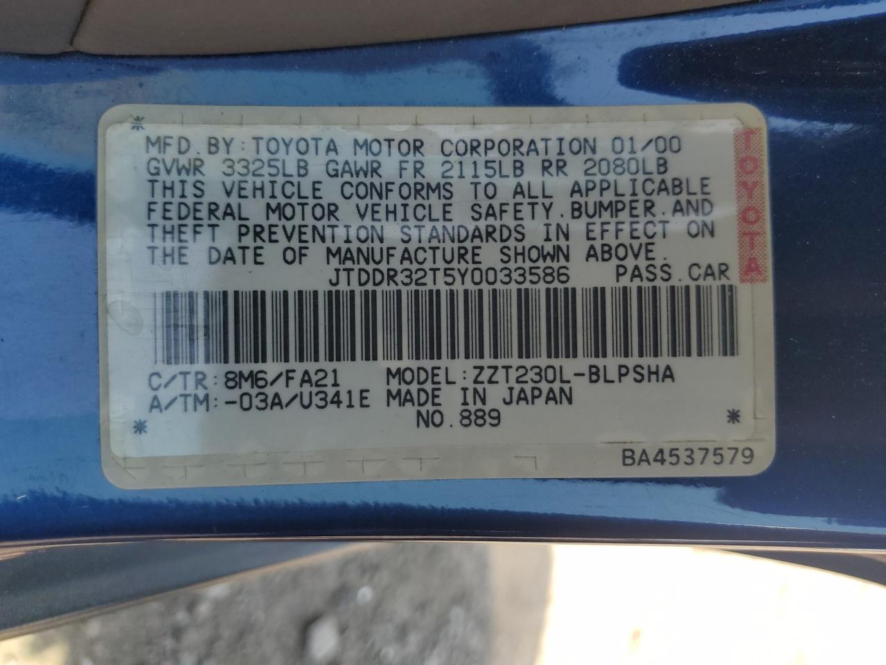 JTDDR32T5Y0033586 2000 Toyota Celica Gt