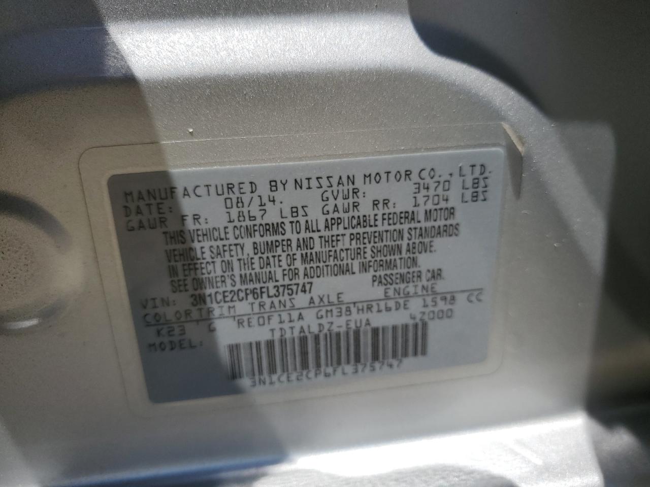 3N1CE2CP6FL375747 2015 Nissan Versa Note S