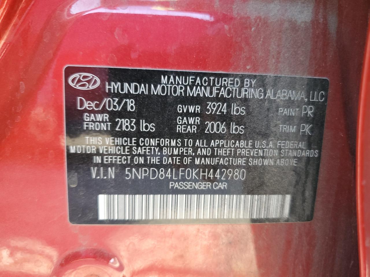 5NPD84LF0KH442980 2019 Hyundai Elantra Sel