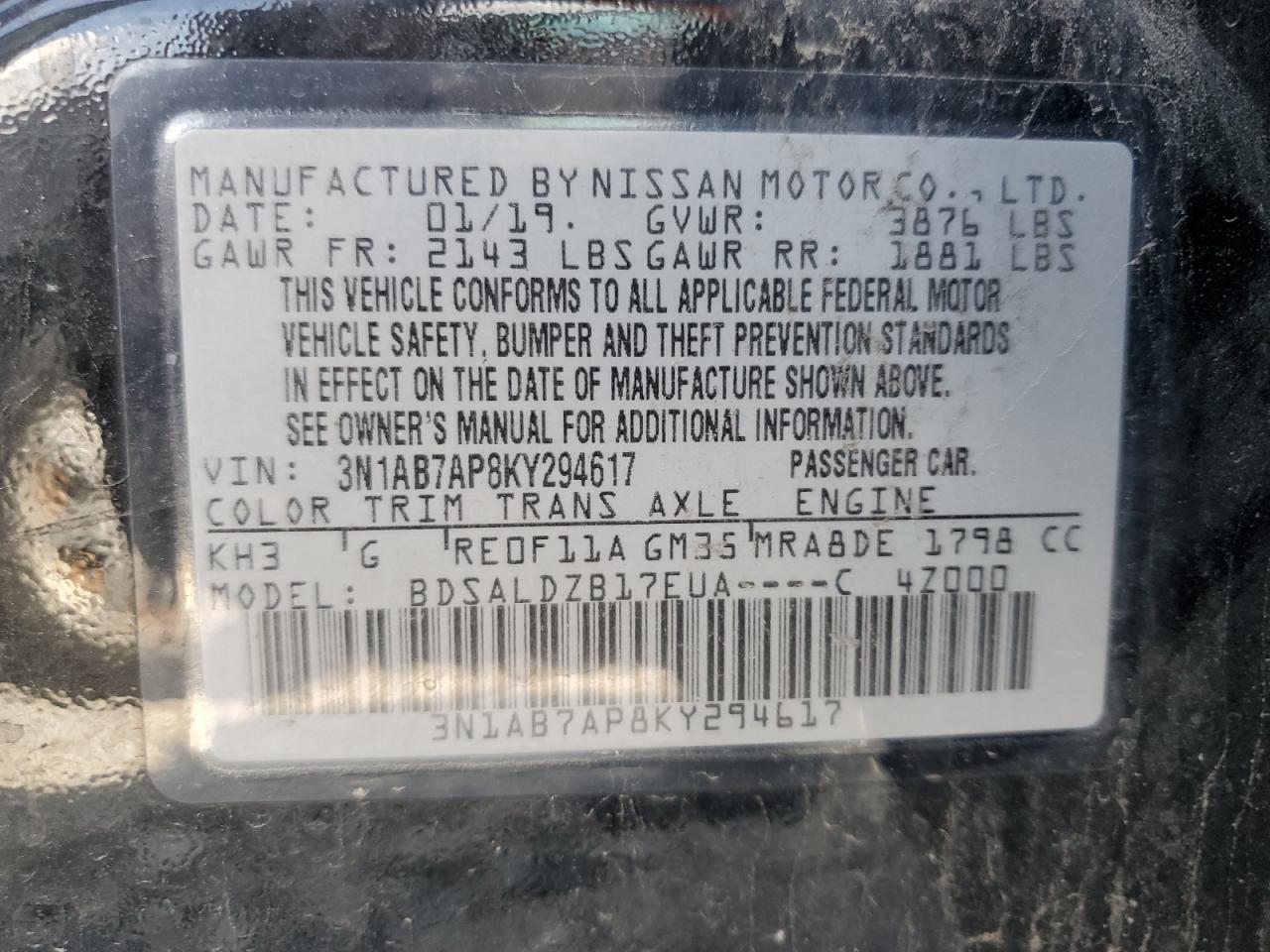 3N1AB7AP8KY294617 2019 Nissan Sentra S