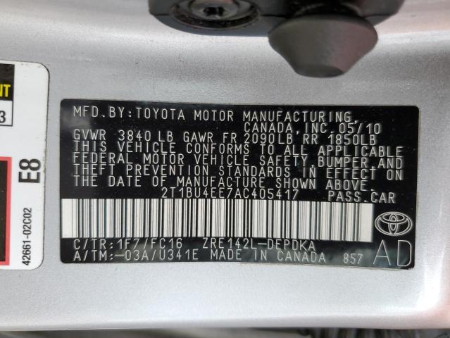 2010 Toyota Corolla Base VIN: 2T1BU4EE7AC405417 Lot: 58468884