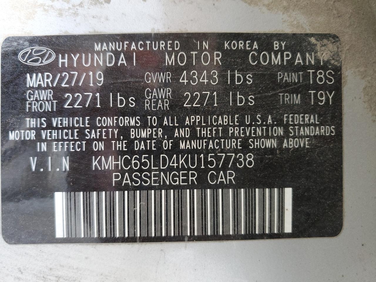 KMHC65LD4KU157738 2019 Hyundai Ioniq