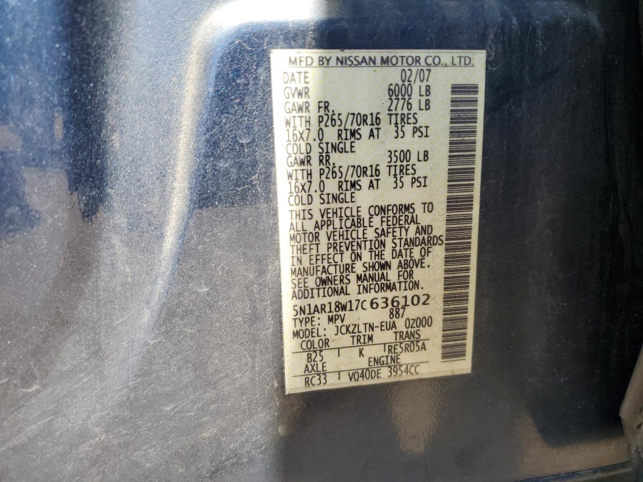 5N1AR18W17C636102 2007 Nissan Pathfinder Le