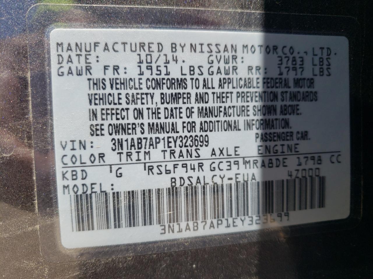 3N1AB7AP1EY323699 2014 Nissan Sentra S