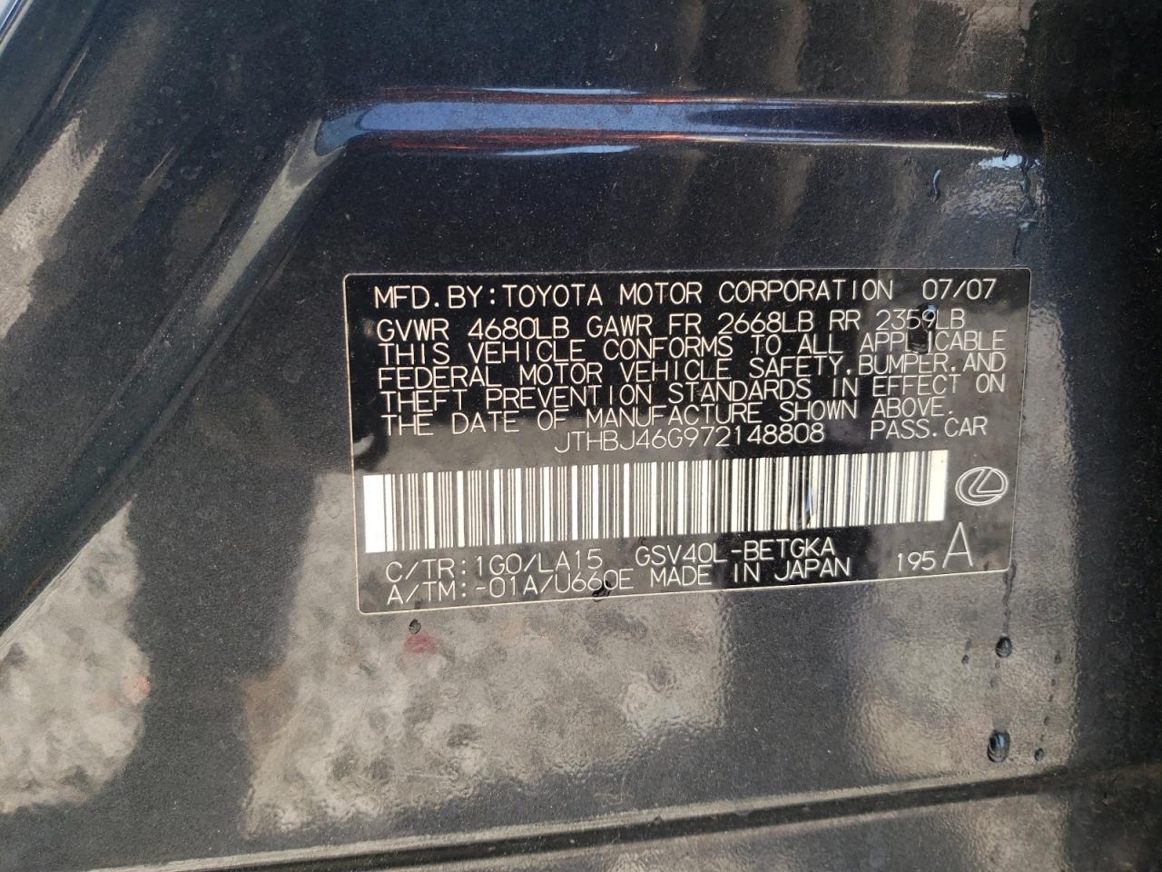 JTHBJ46G972148808 2007 Lexus Es 350