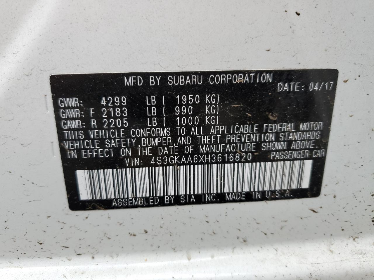 4S3GKAA6XH3616820 2017 Subaru Impreza