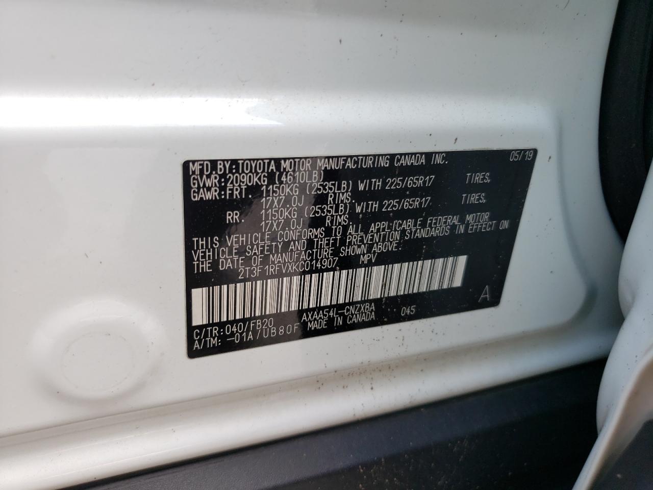 2T3F1RFVXKC014907 2019 Toyota Rav4 Le