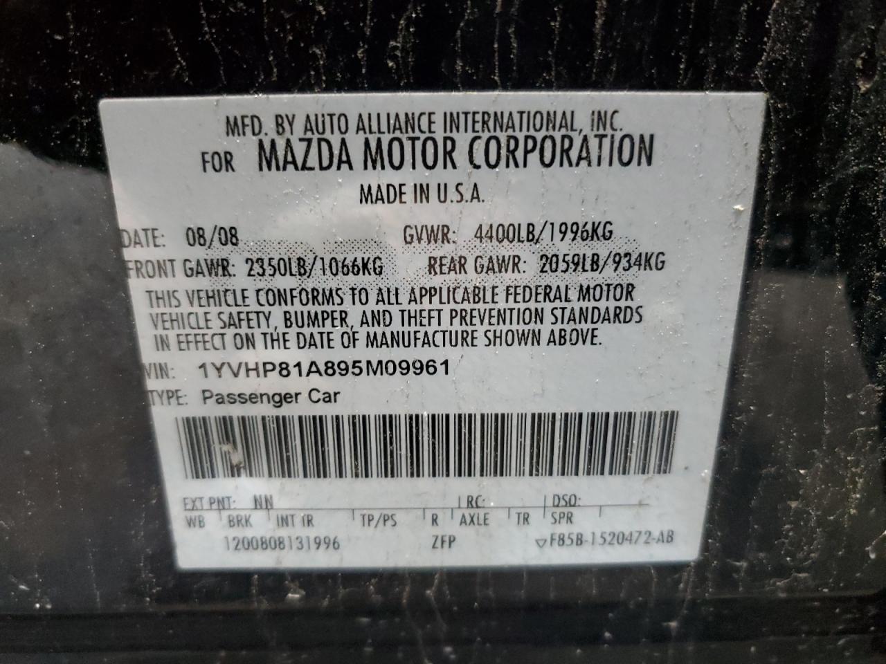 1YVHP81A895M09961 2009 Mazda 6 I