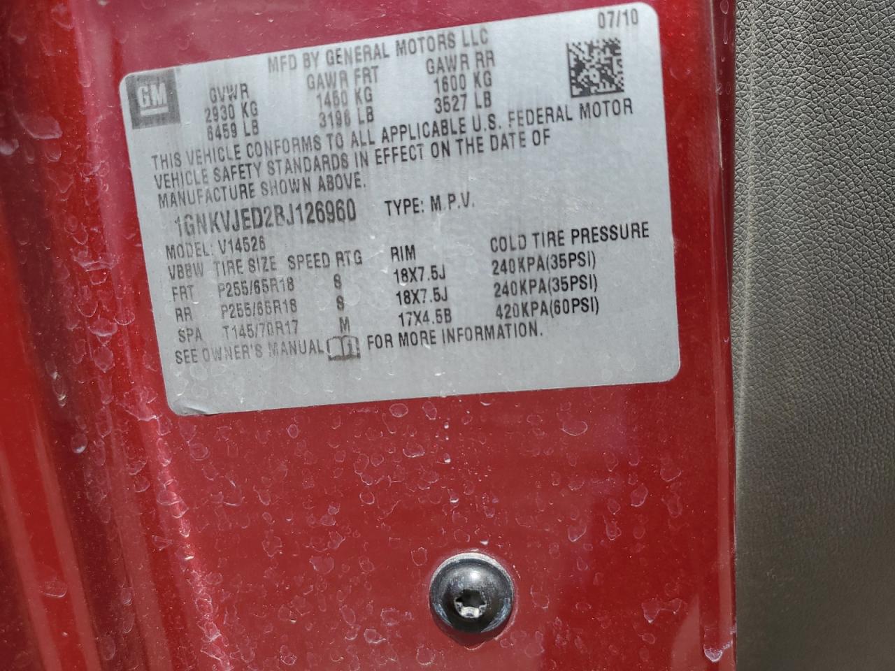 1GNKVJED2BJ126960 2011 Chevrolet Traverse Lt