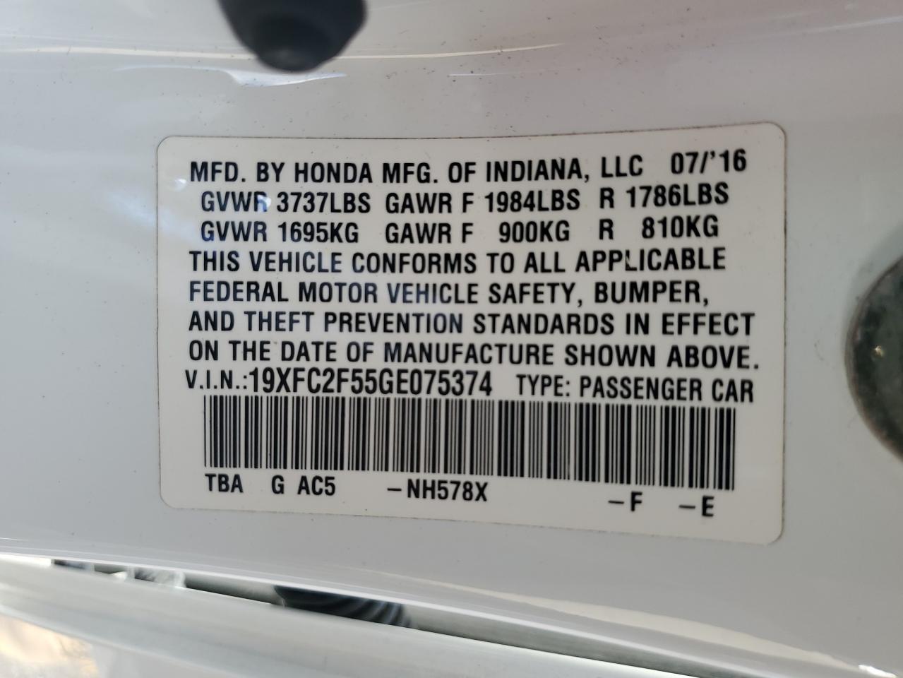 19XFC2F55GE075374 2016 Honda Civic Lx 19XFC2F55GE075374 2016 Honda Civic Lx
