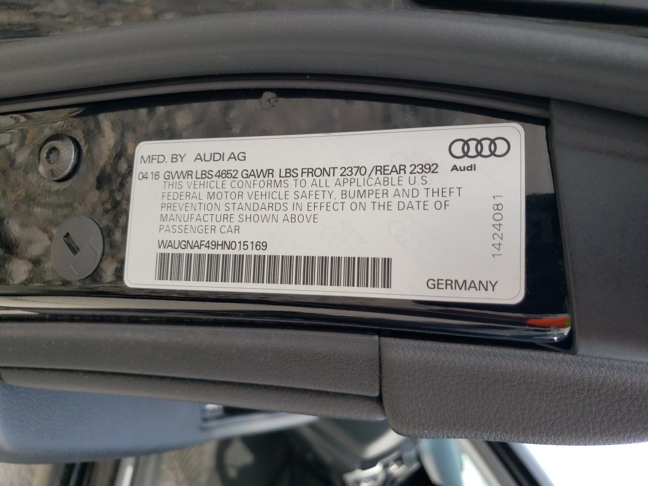 WAUGNAF49HN015169 2017 Audi A4 Premium