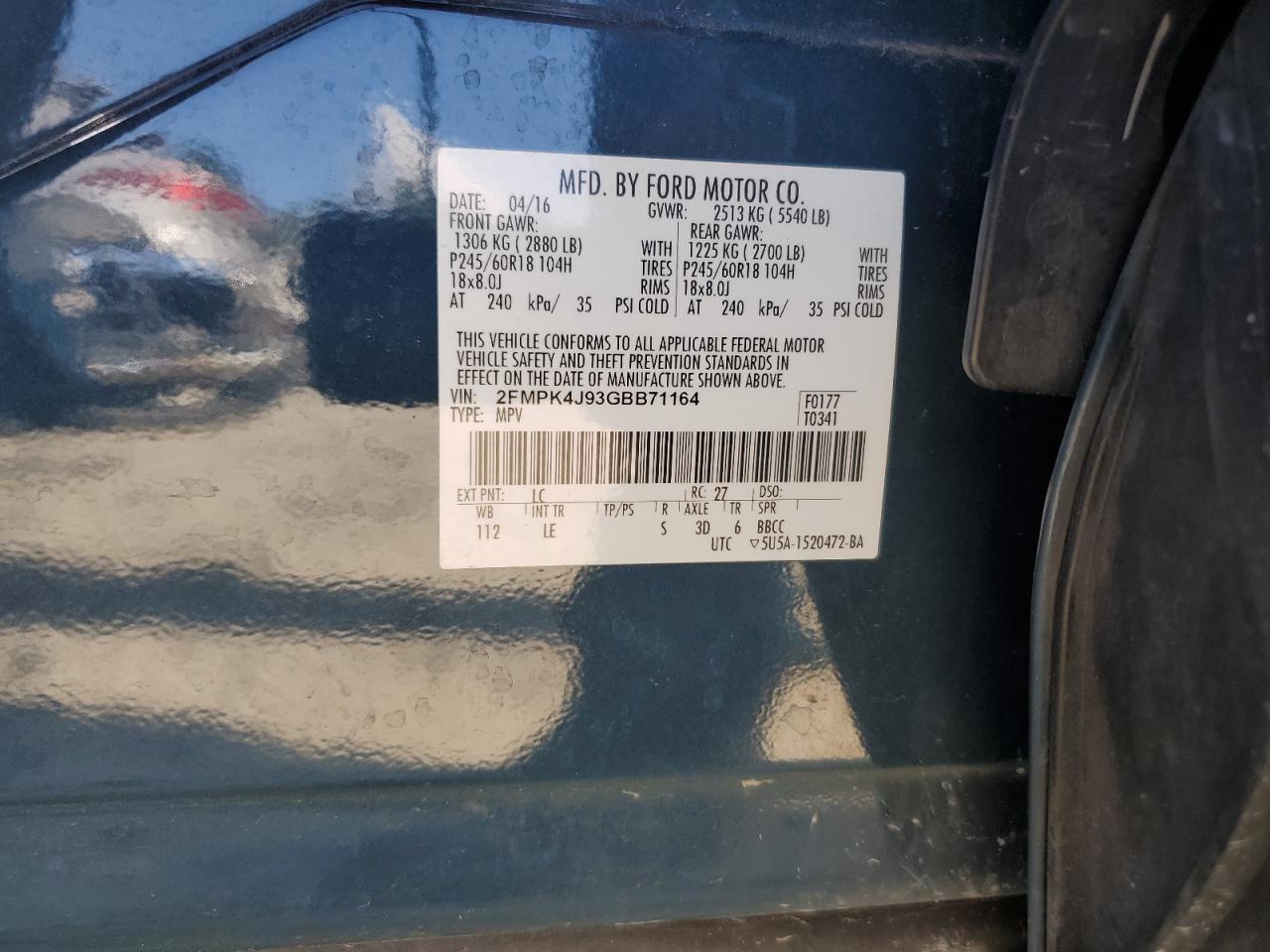 2FMPK4J93GBB71164 2016 Ford Edge Sel