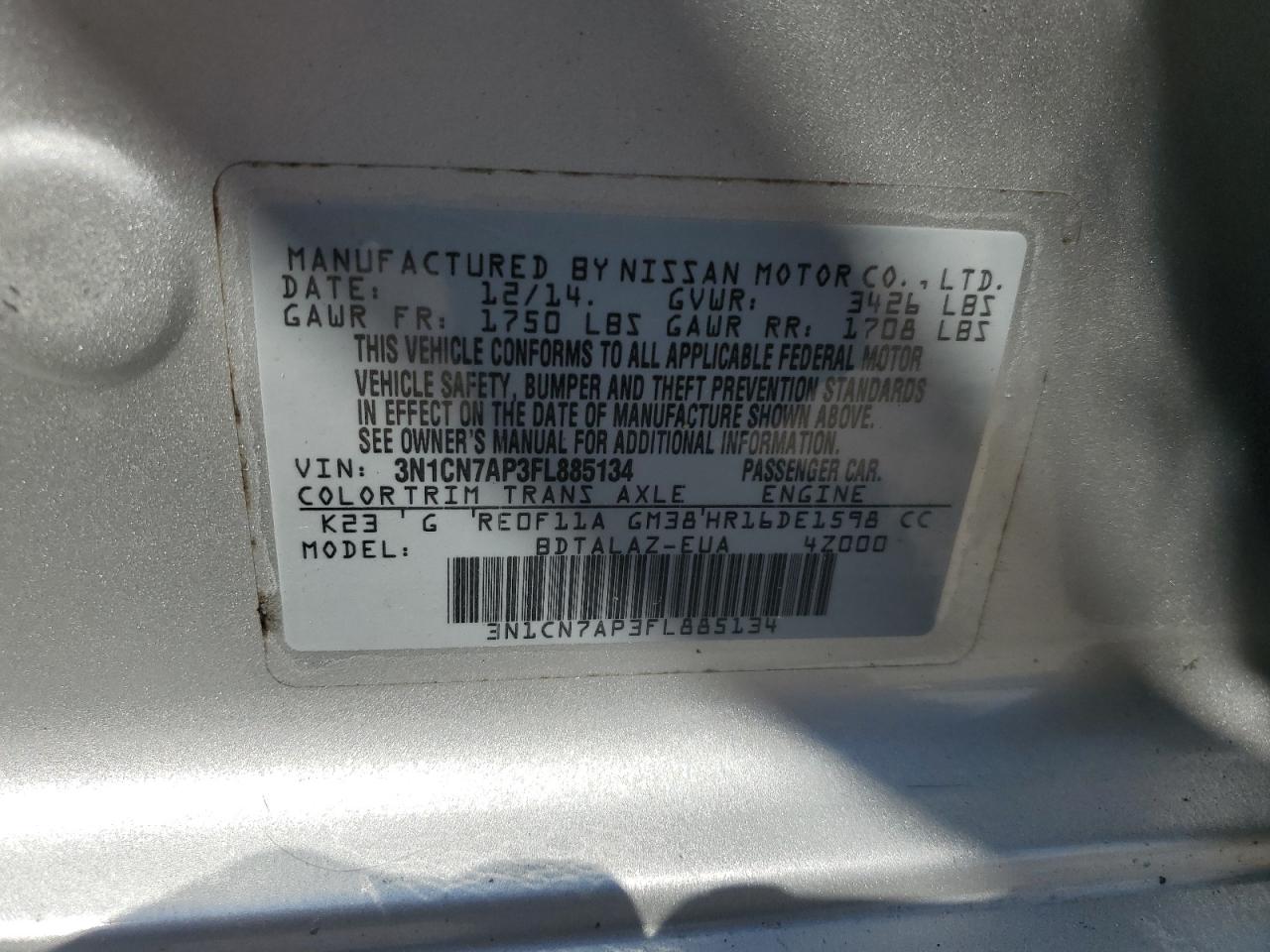 3N1CN7AP3FL885134 2015 Nissan Versa S