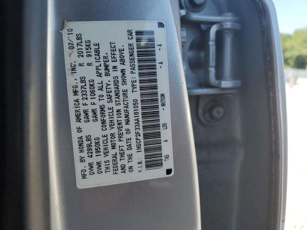 1HGCP2F33AA181050 2010 Honda Accord Lx