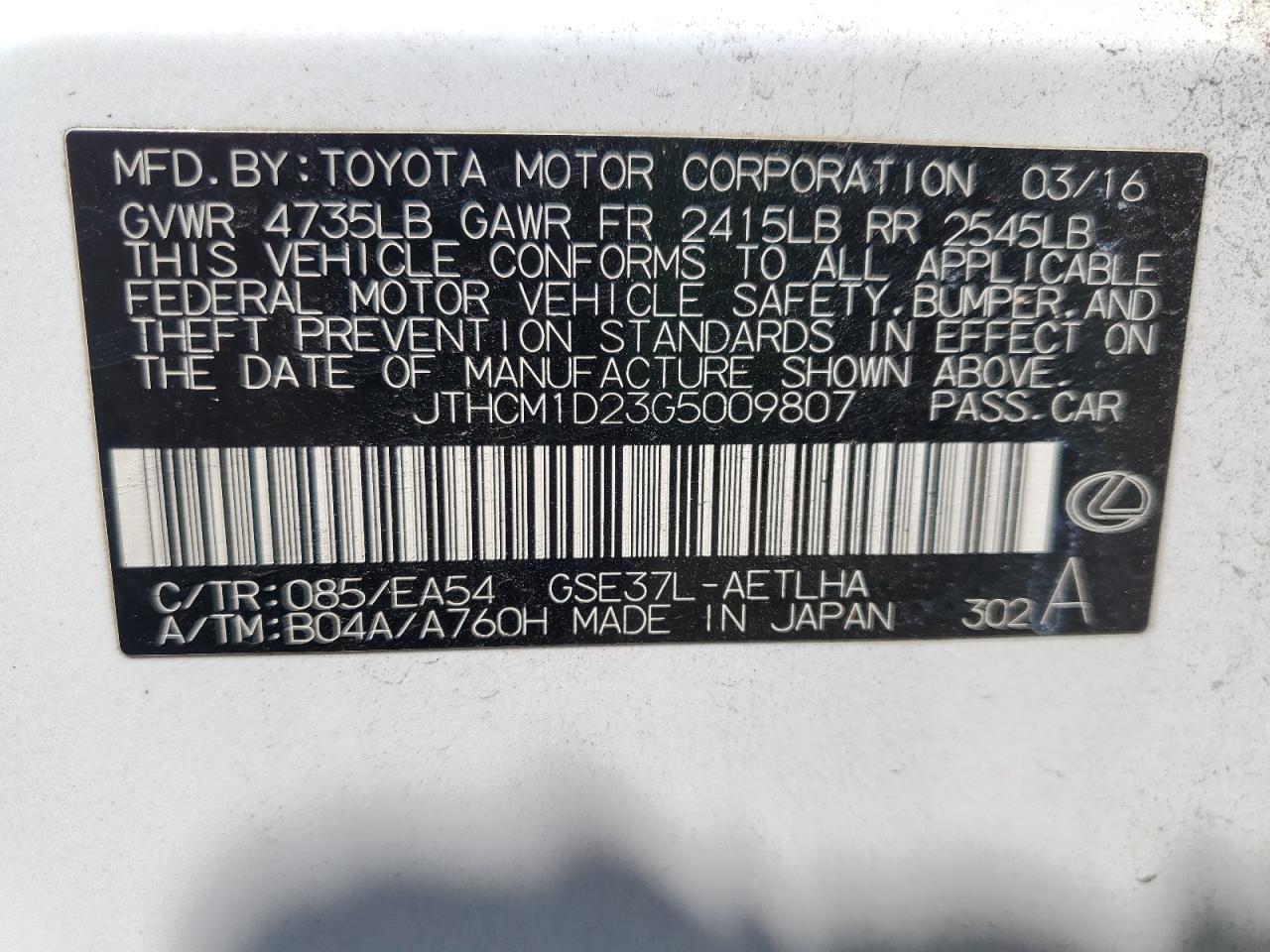 JTHCM1D23G5009807 2016 Lexus Is 300