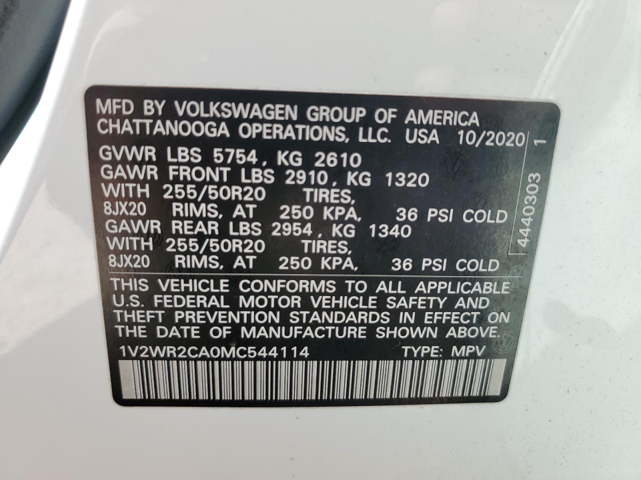 1V2WR2CA0MC544114 2021 Volkswagen Atlas Se