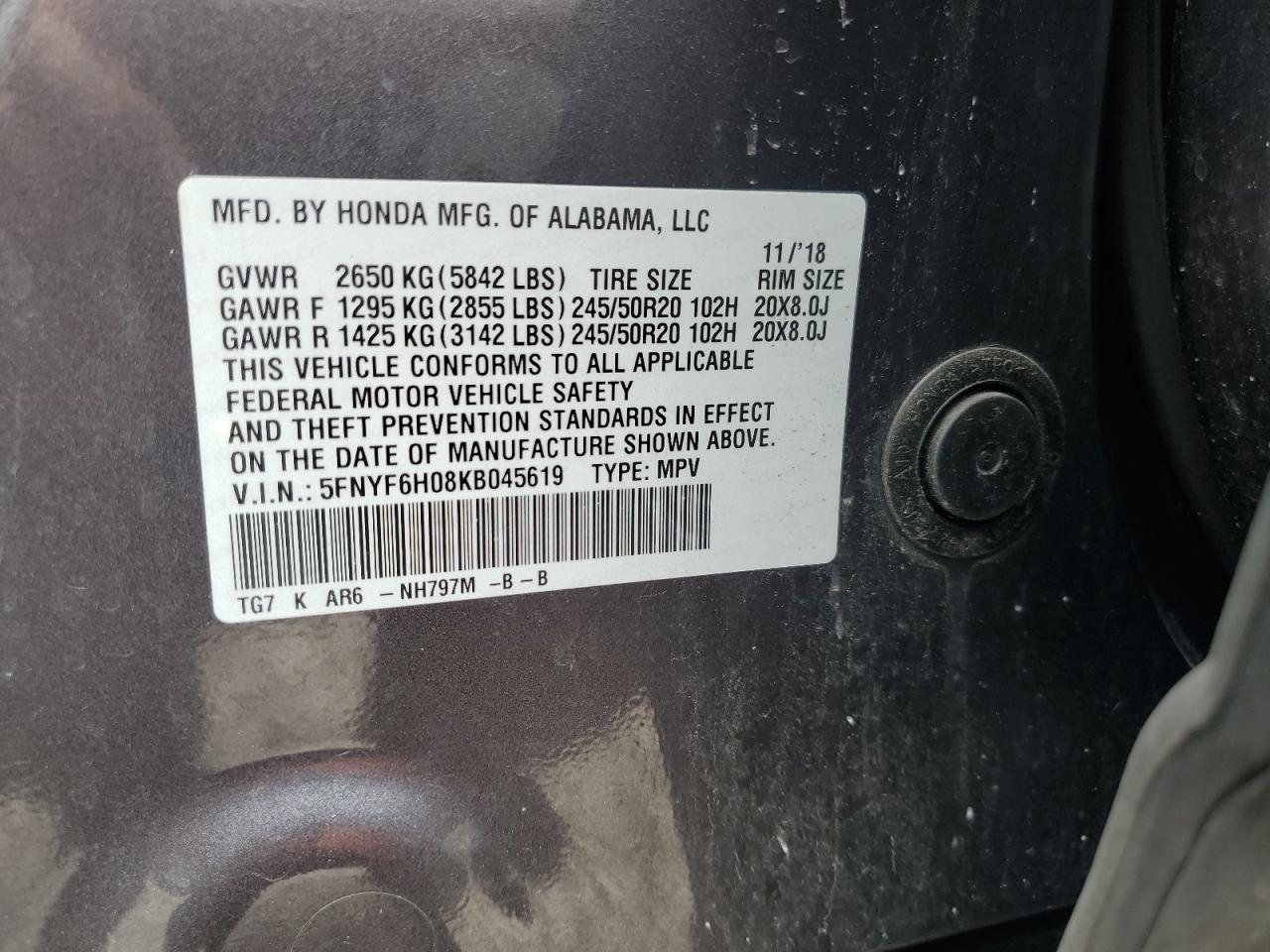 5FNYF6H08KB045619 2019 Honda Pilot Elite