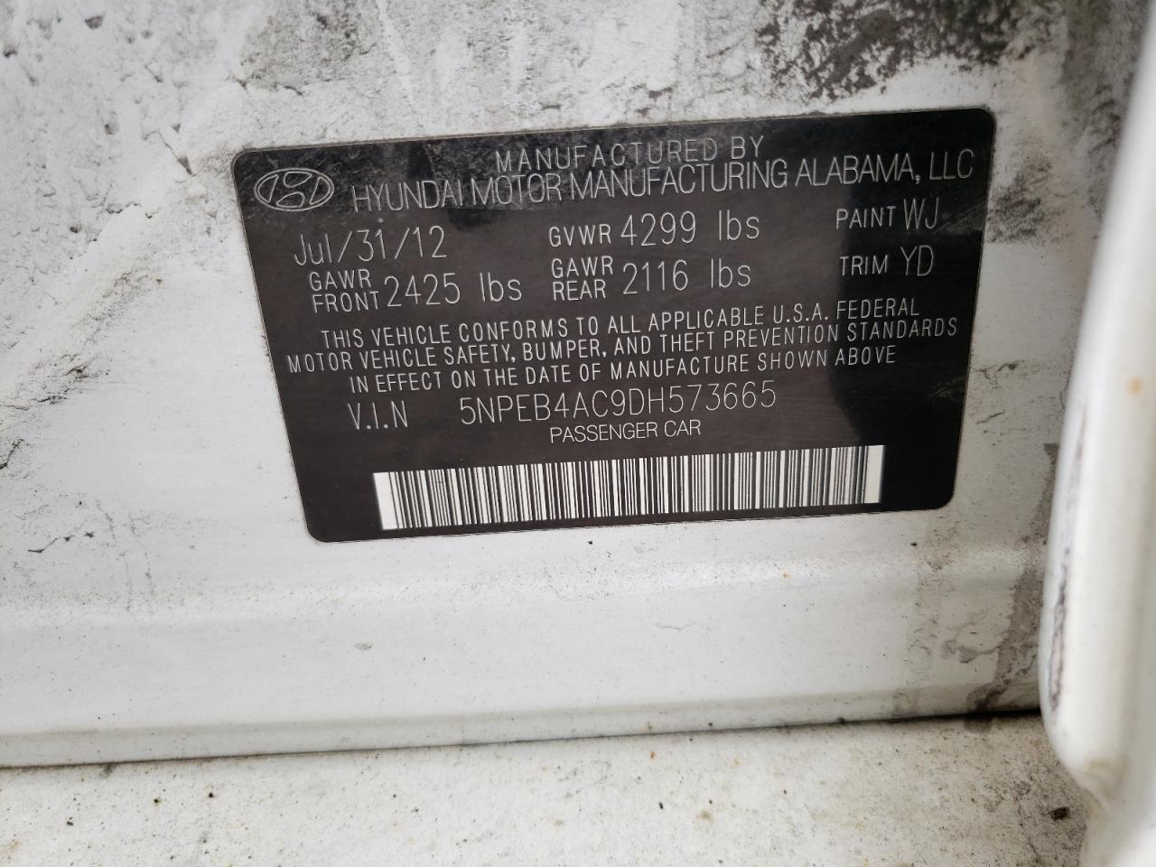 5NPEB4AC9DH573665 2013 Hyundai Sonata Gls