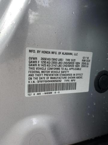 2019 Honda Pilot Touring VIN: 5FNYF6H94KB050282 Lot: 57457024