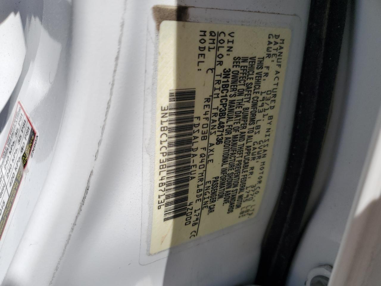 3N1BC1CP3BL487136 2011 Nissan Versa S