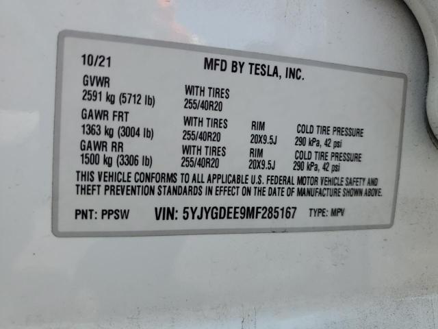 2021 Tesla Model Y VIN: 5YJYGDEE9MF285167 Lot: 57943964