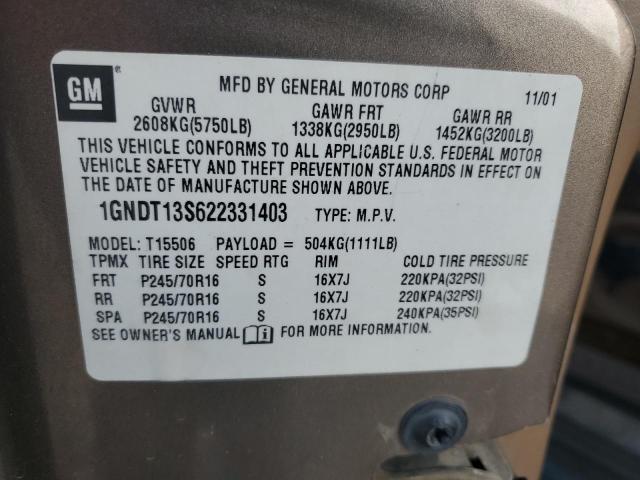 2002 Chevrolet Trailblazer VIN: 1GNDT13S622331403 Lot: 60542574