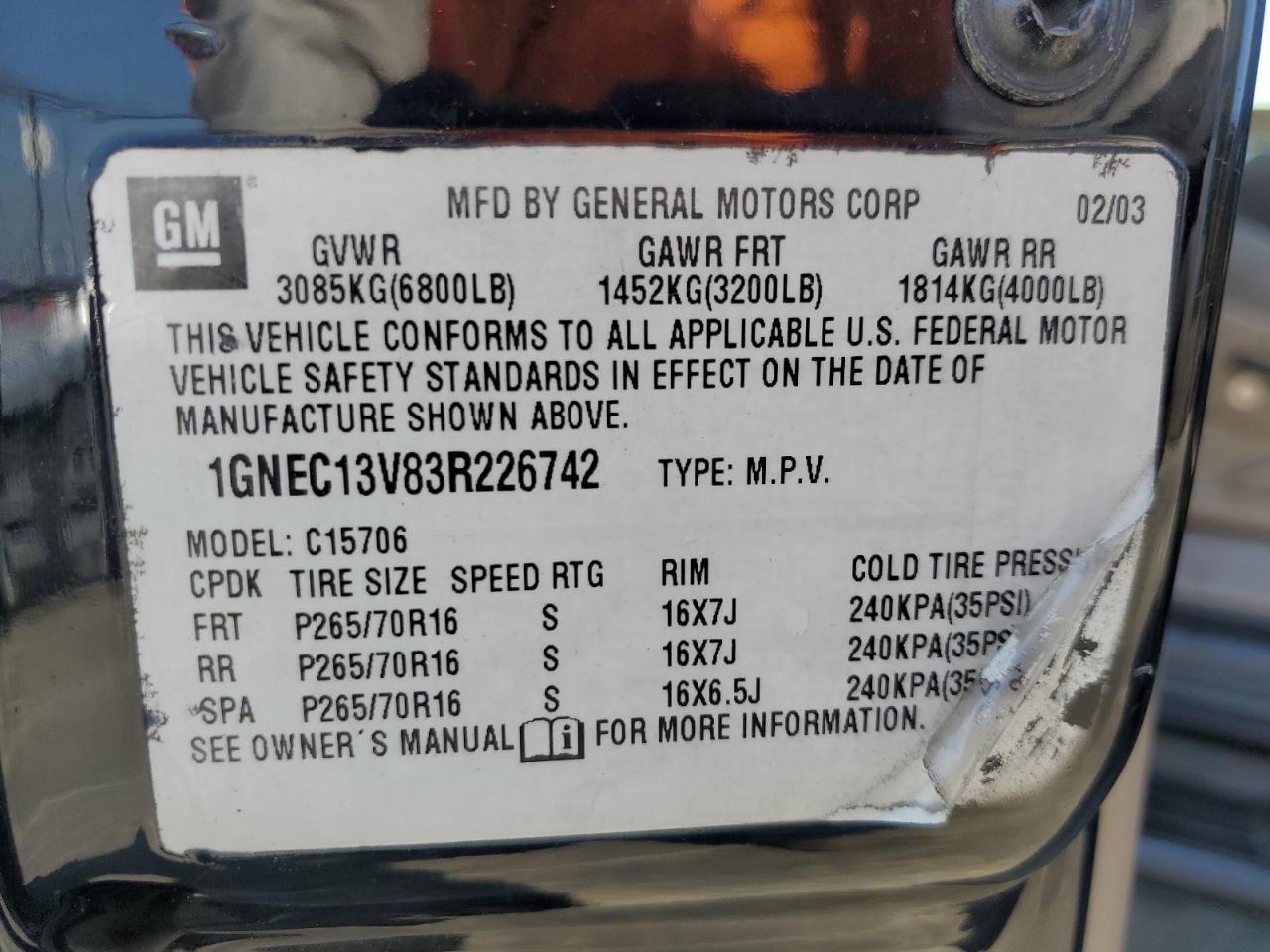 1GNEC13V83R226742 2003 Chevrolet Tahoe C1500