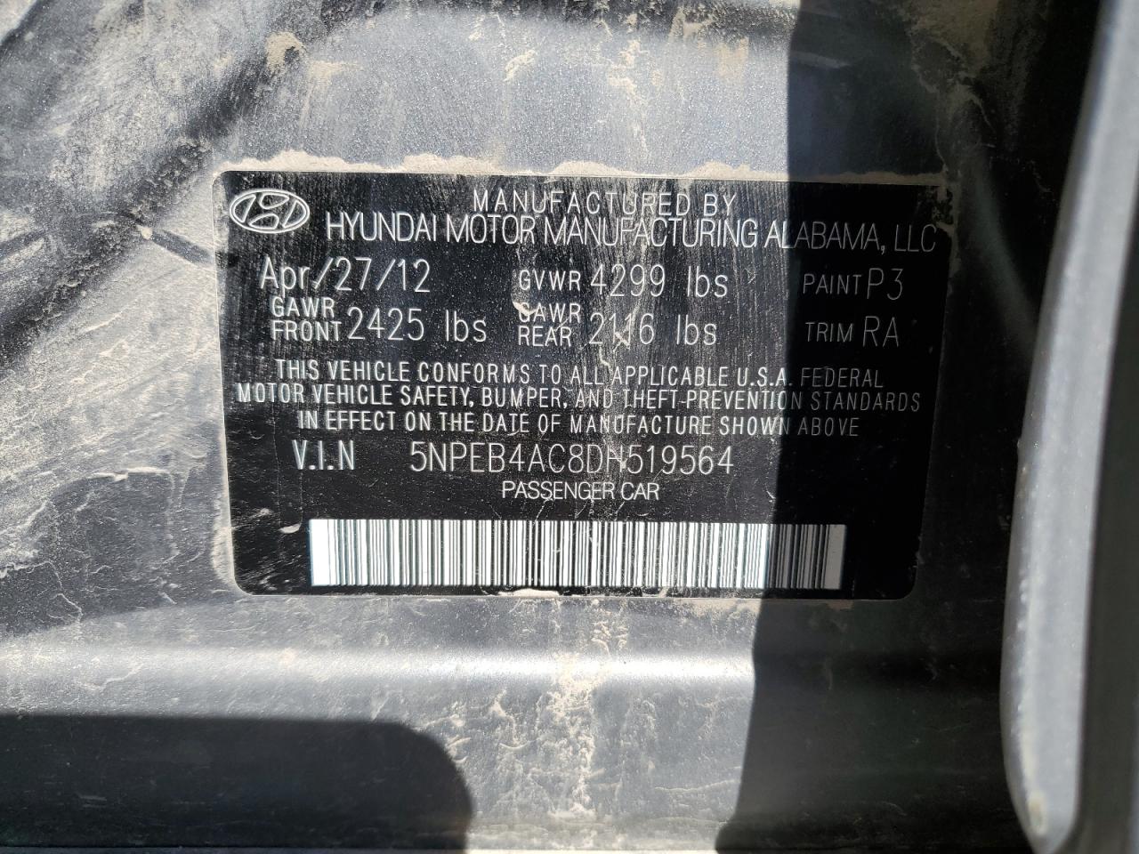 5NPEB4AC8DH519564 2013 Hyundai Sonata Gls