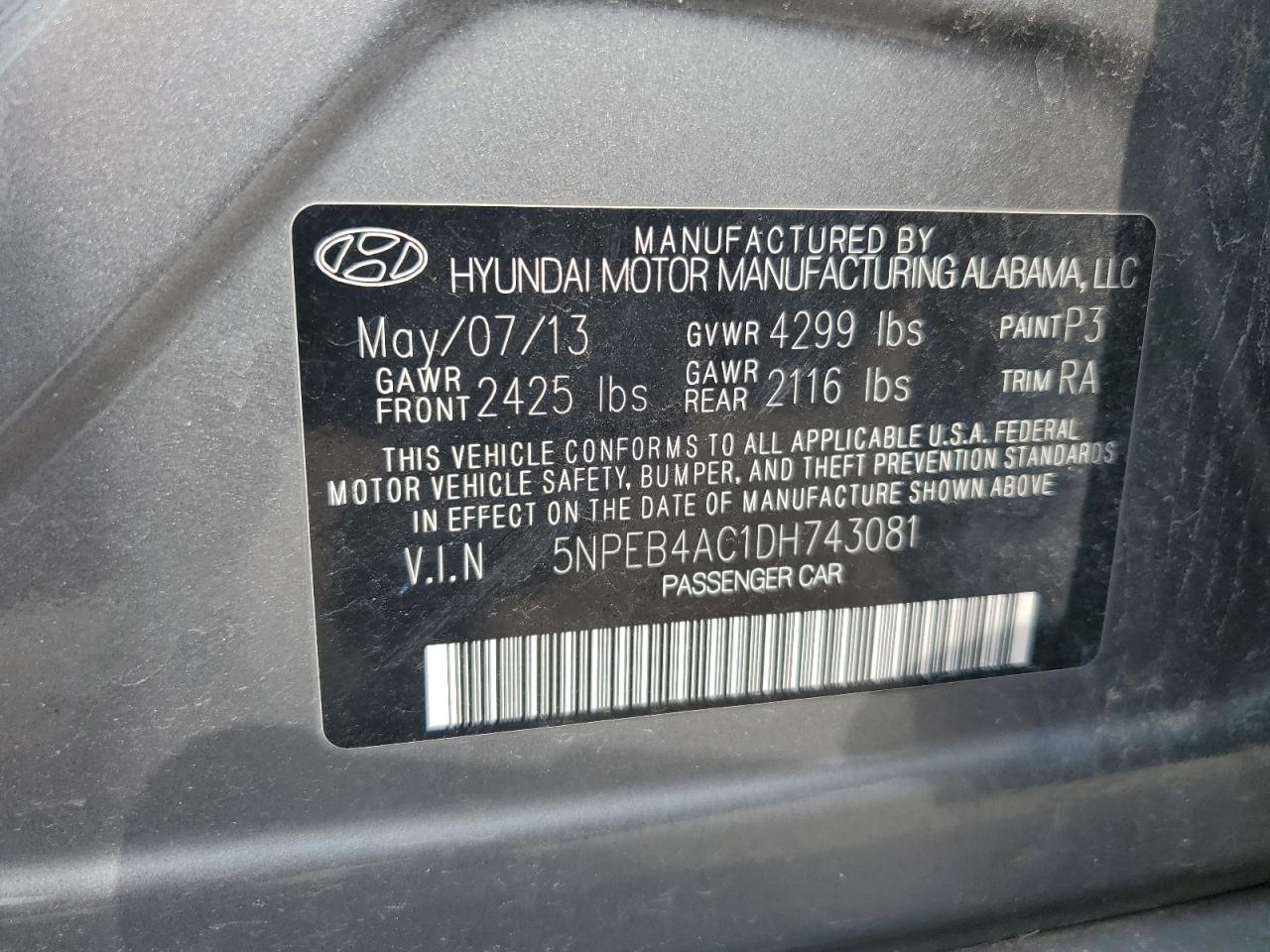 5NPEB4AC1DH743081 2013 Hyundai Sonata Gls