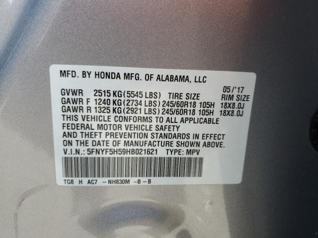 2017 Honda Pilot Exl VIN: 5FNYF5H59HB021621 Lot: 58255534