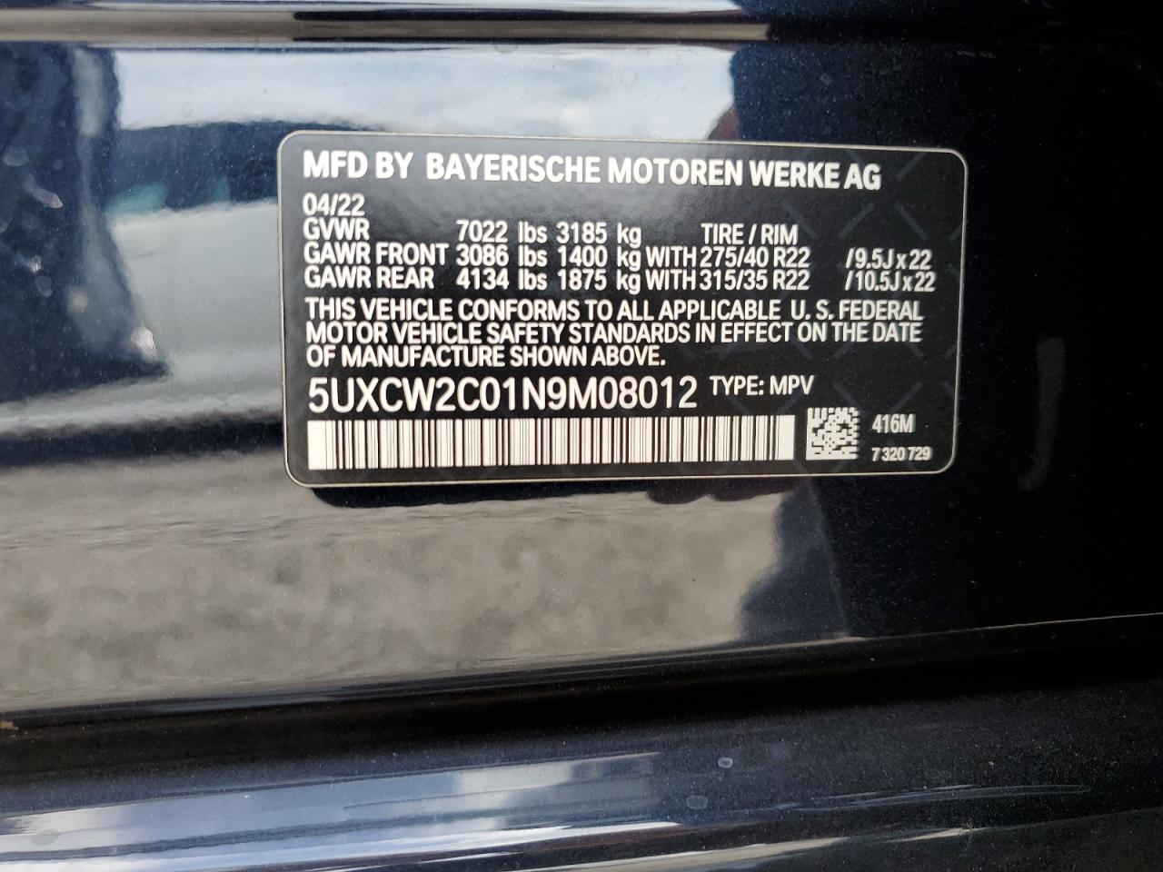 5UXCW2C01N9M08012 2022 BMW X7 xDrive40I