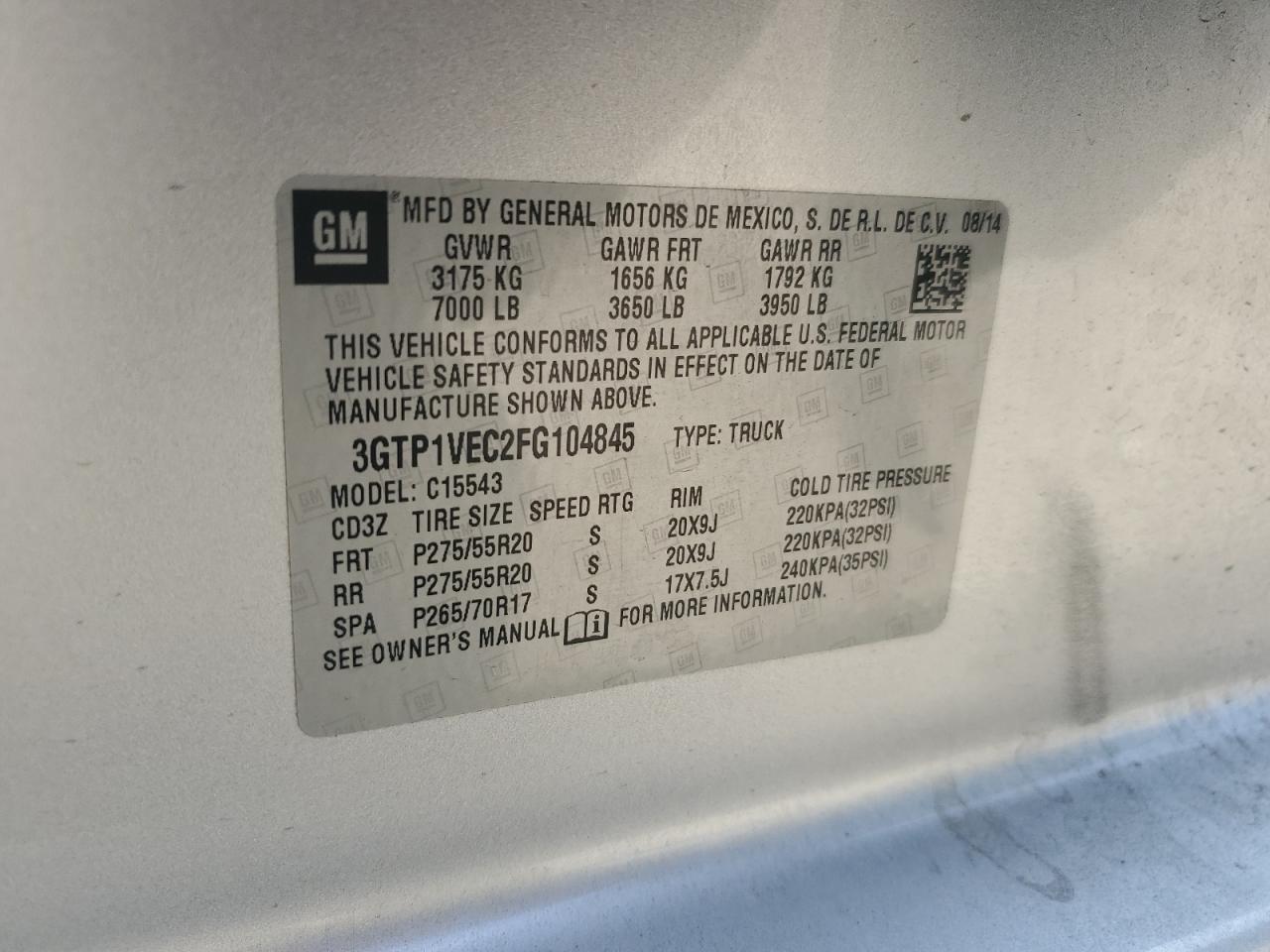 3GTP1VEC2FG104845 2015 GMC Sierra C1500 Slt