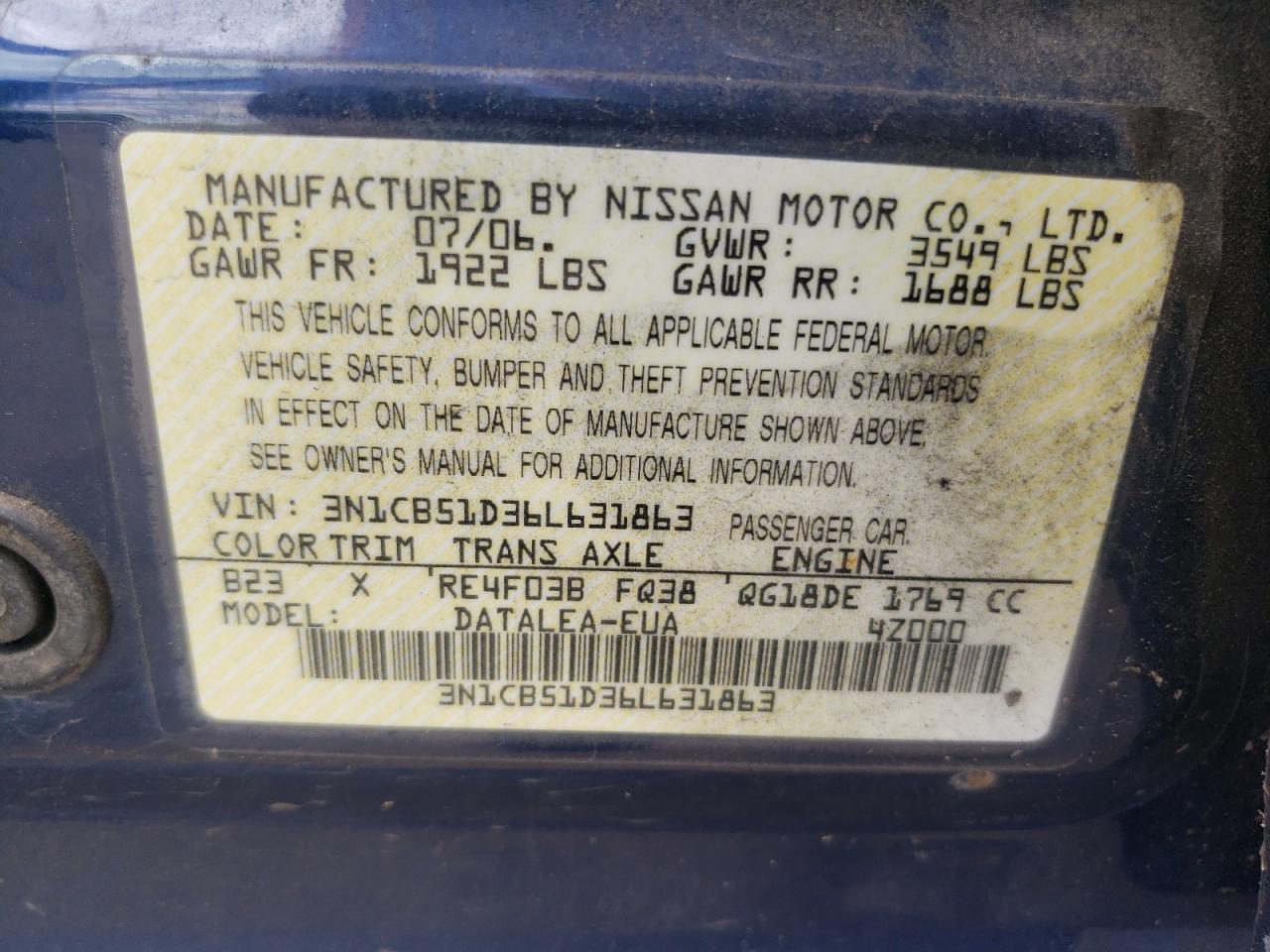 3N1CB51D36L631863 2006 Nissan Sentra 1.8