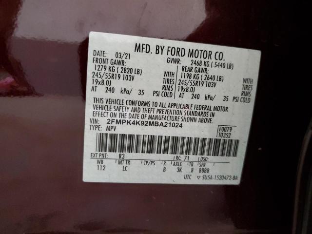 2021 Ford Edge Titanium VIN: 2FMPK4K92MBA21024 Lot: 58939904