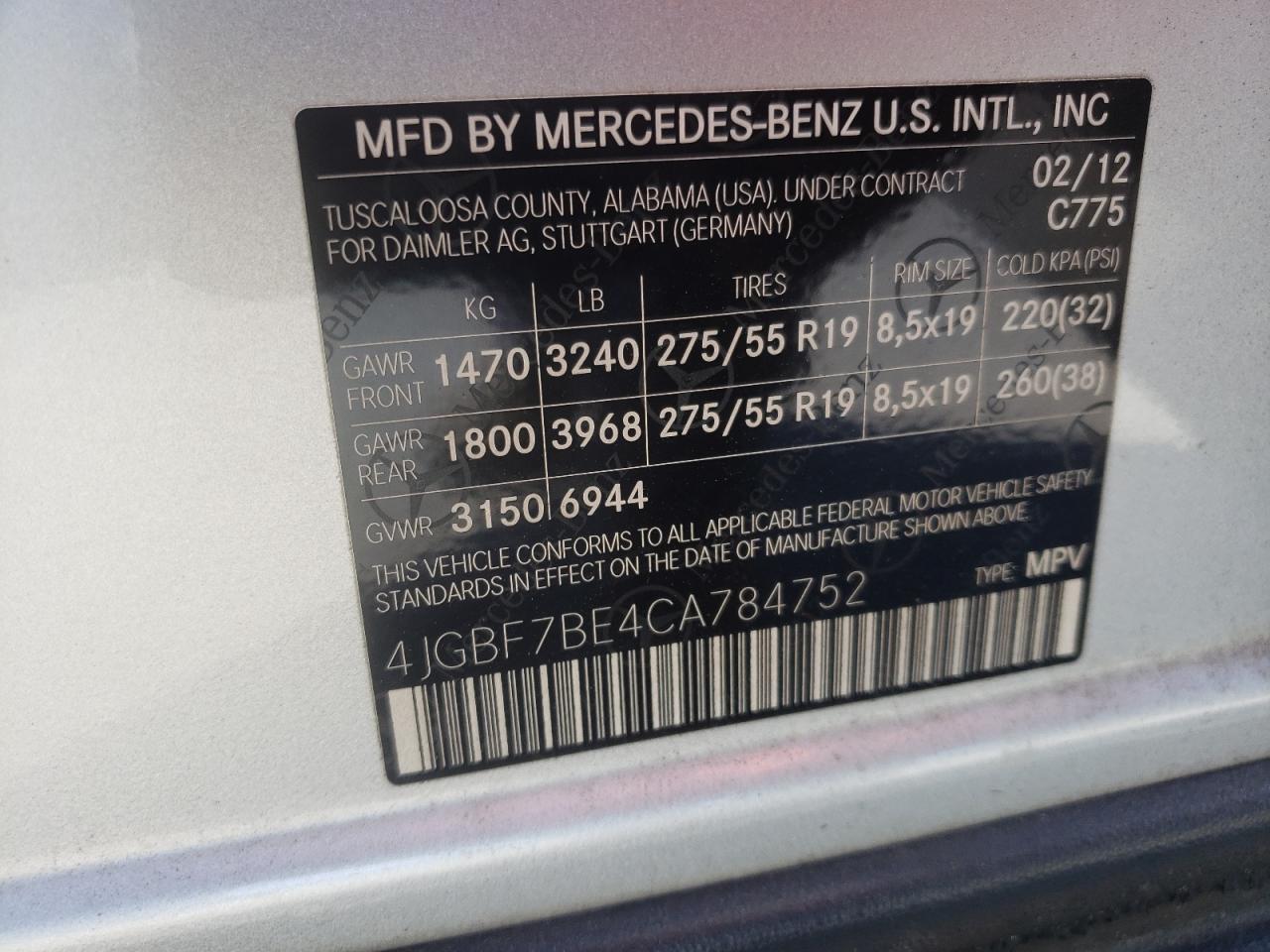 4JGBF7BE4CA784752 2012 Mercedes-Benz Gl 450 4Matic