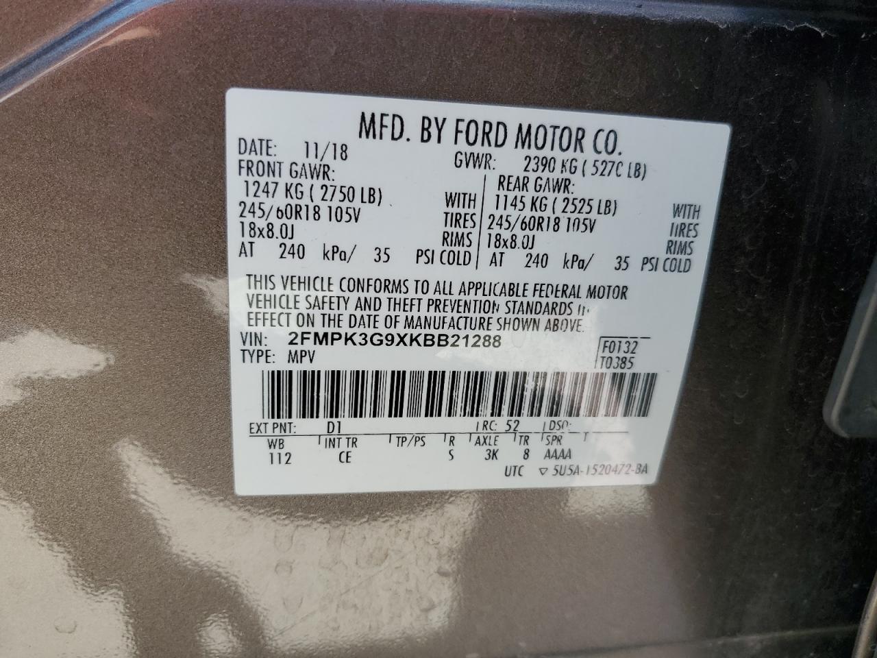 2FMPK3G9XKBB21288 2019 Ford Edge Se