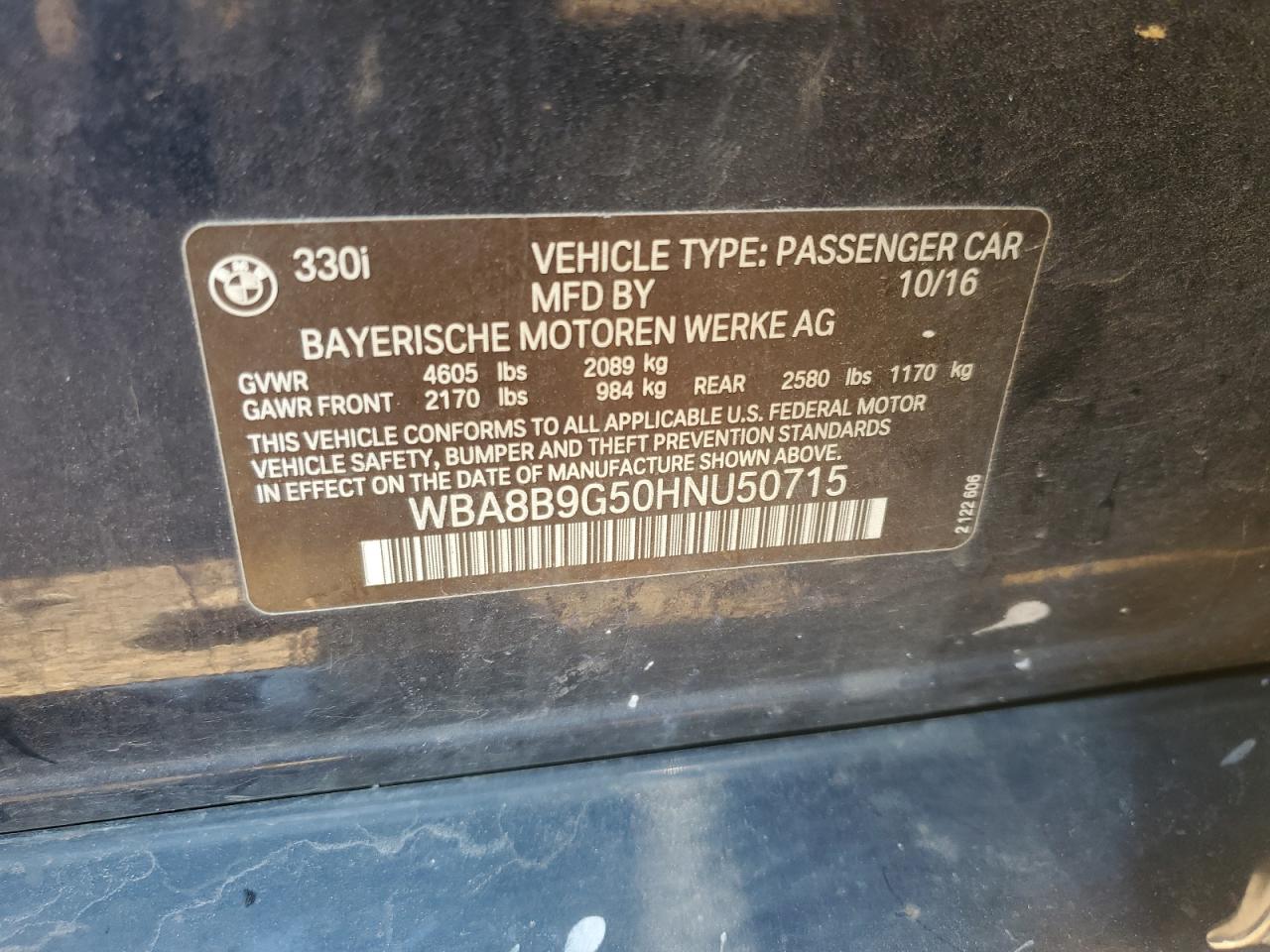 WBA8B9G50HNU50715 2017 BMW 330 I