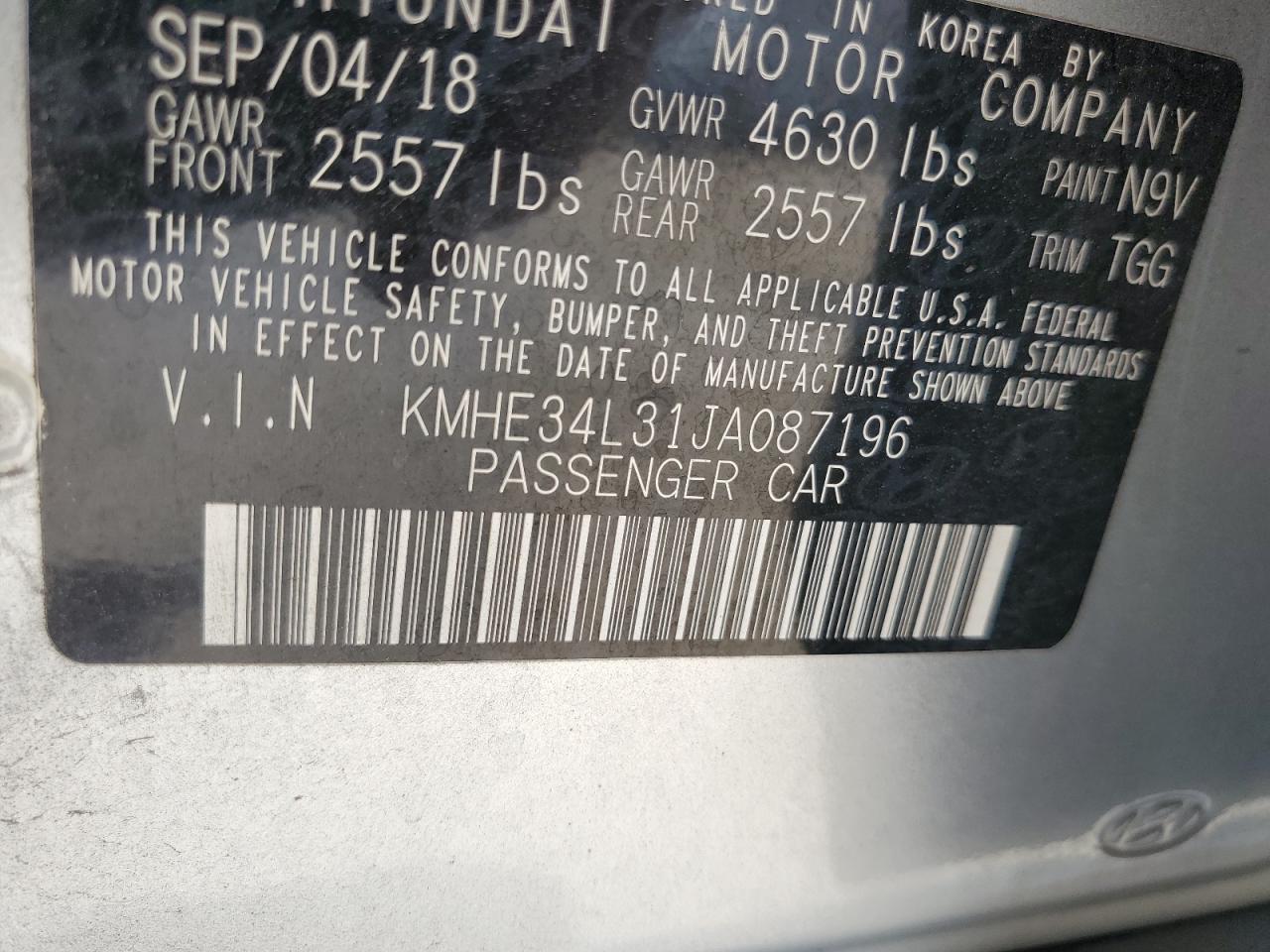 KMHE34L31JA087196 2018 Hyundai Sonata Hybrid