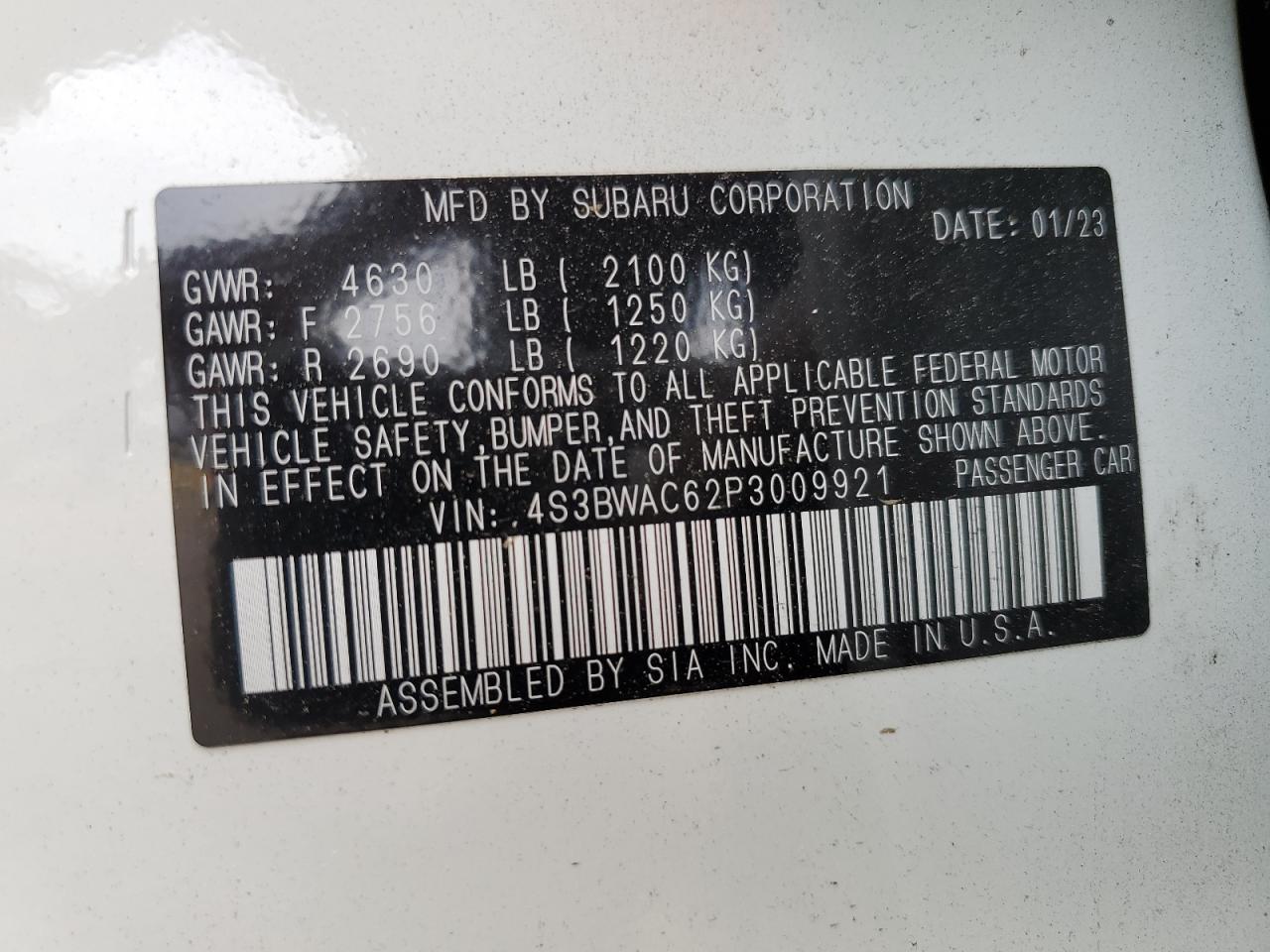 4S3BWAC62P3009921 2023 Subaru Legacy Premium