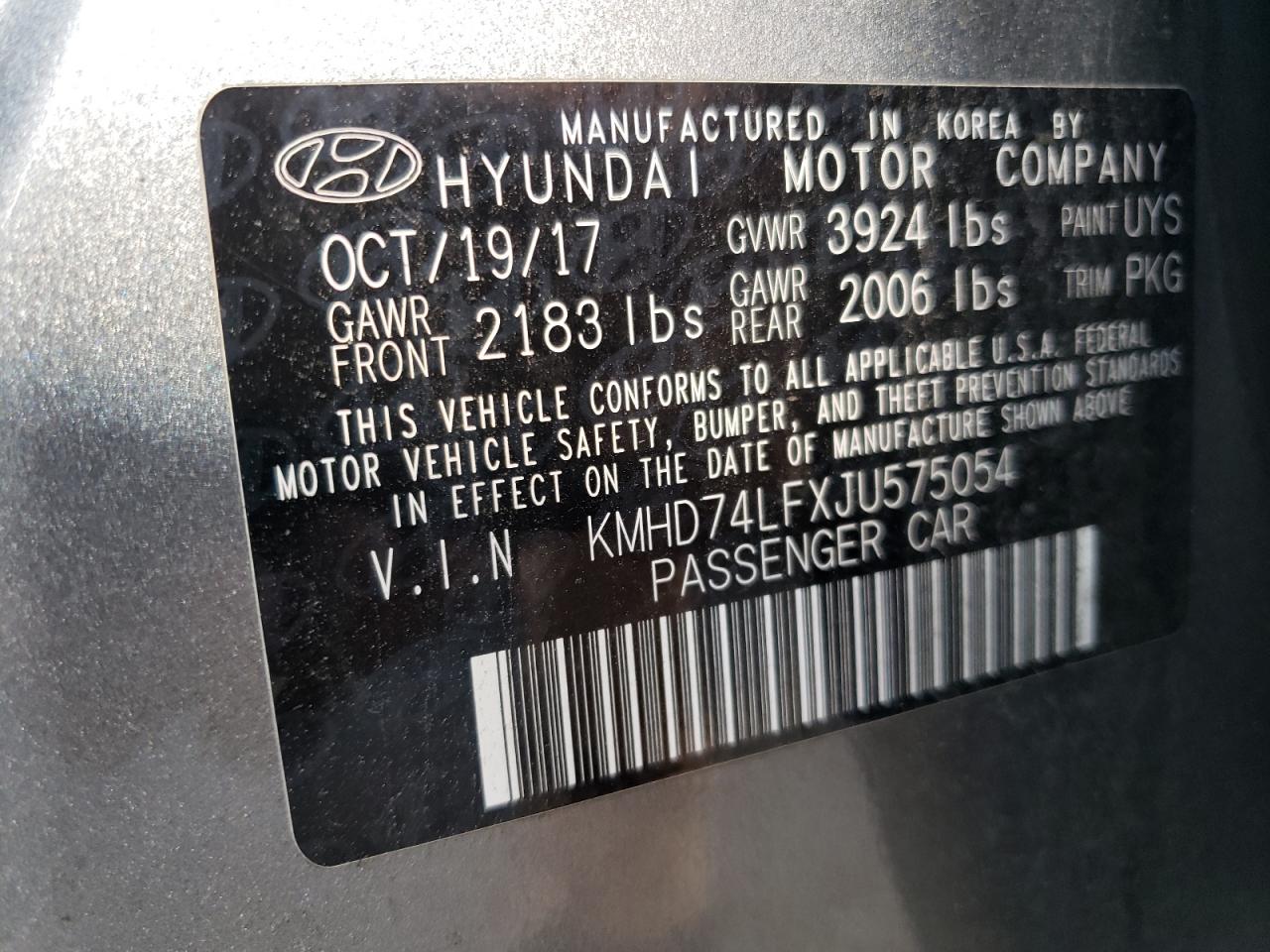 2018 Hyundai Elantra Se vin: KMHD74LFXJU575054