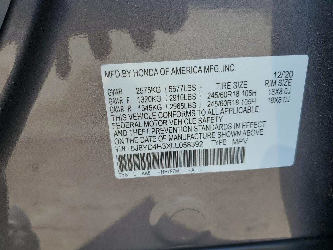 5J8YD4H3XLL058392 2020 Acura Mdx