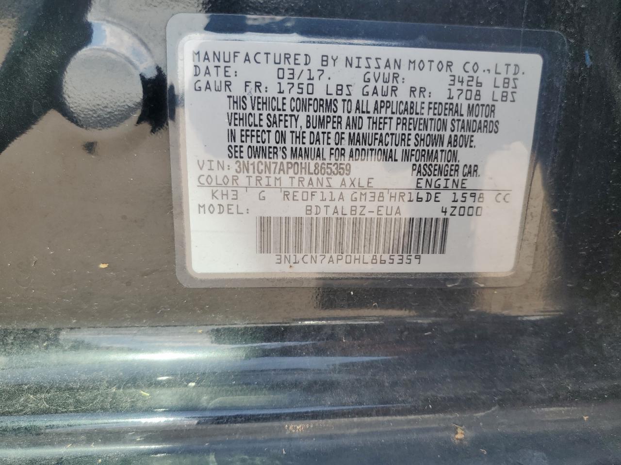 3N1CN7AP0HL865359 2017 Nissan Versa S