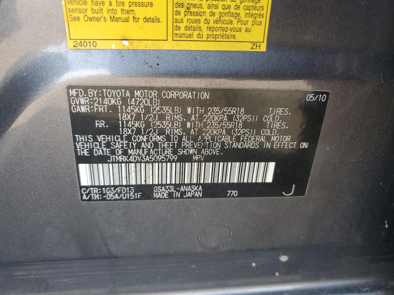 JTMRK4DV3A5095799 2010 Toyota Rav4 Sport