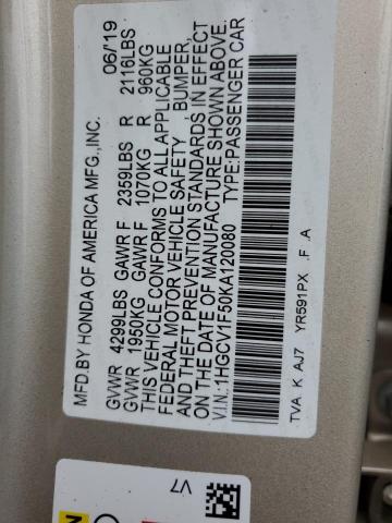 1HGCV1F50KA120080 2019 Honda Accord Exl